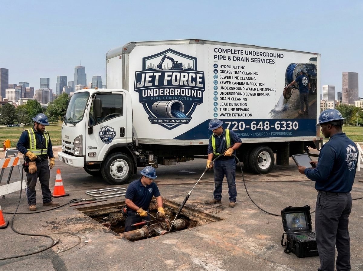 Jet Force Underground crew repairing an underground pipe on a Denver street with the branded service truck