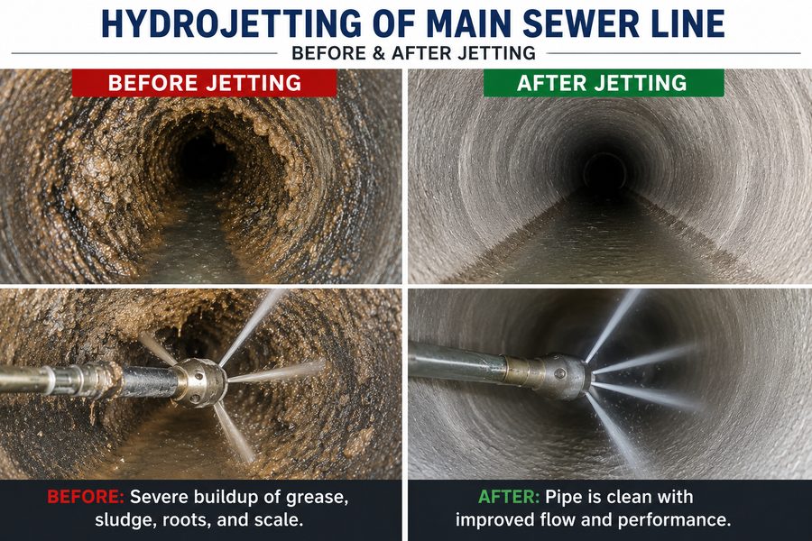 Main sewer line before and after hydro jetting in Denver, Colorado